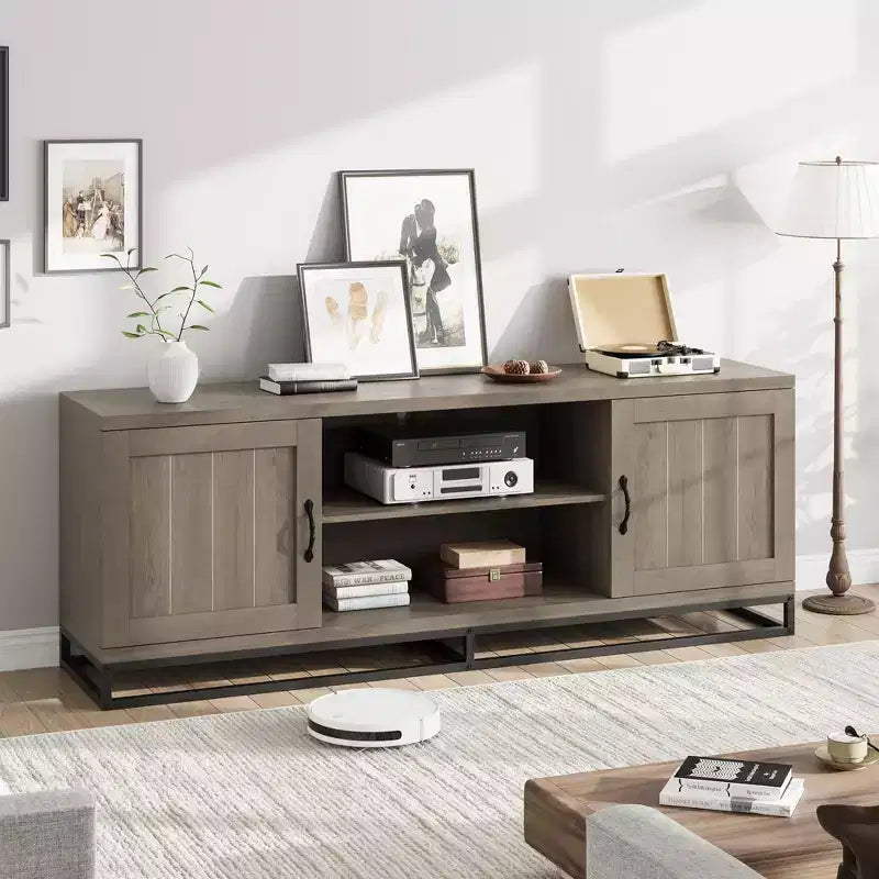 63-Inch Mid-Century Modern TV Stand with Push-Open Cabinets and Open Shelves
