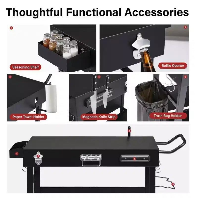 Portable 4-Wheel Collapsible BBQ Prep Table, Black