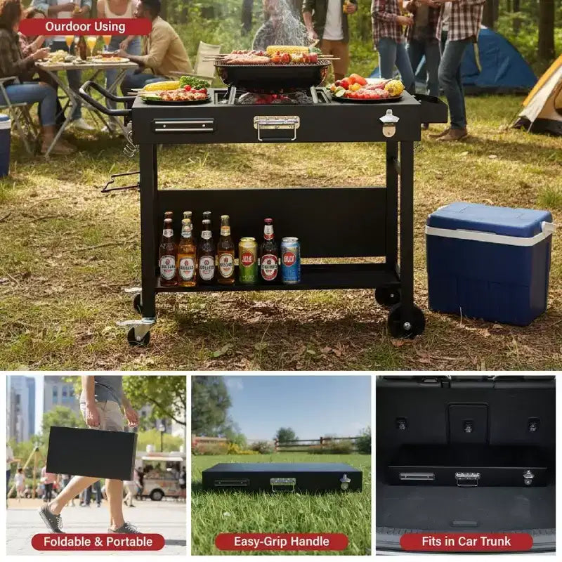 Portable 4-Wheel Collapsible BBQ Prep Table, Black