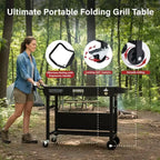 Portable 4-Wheel Collapsible BBQ Prep Table, Black