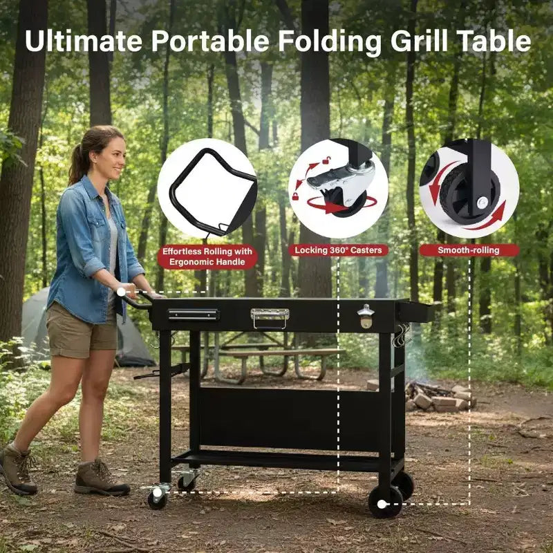 Portable 4-Wheel Collapsible BBQ Prep Table, Black