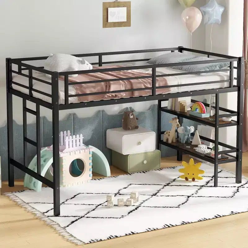 Twin Size Metal Loft Bed for Kids, Black Loft Bed Frame with Easy Climbing Ladder & Guardrails, Black - ModernLuxe