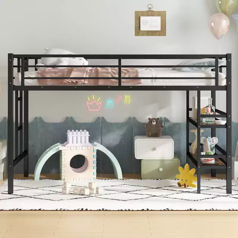 Twin Size Metal Loft Bed for Kids with Ladder and Guardrails, Black