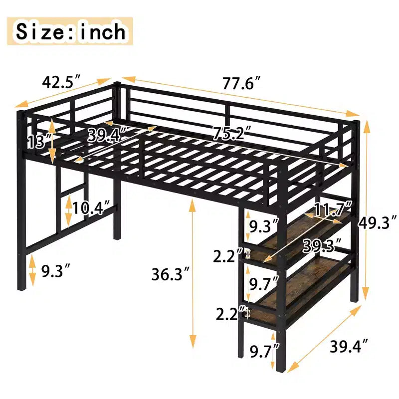 Twin Size Metal Loft Bed for Kids with Ladder and Guardrails, Black