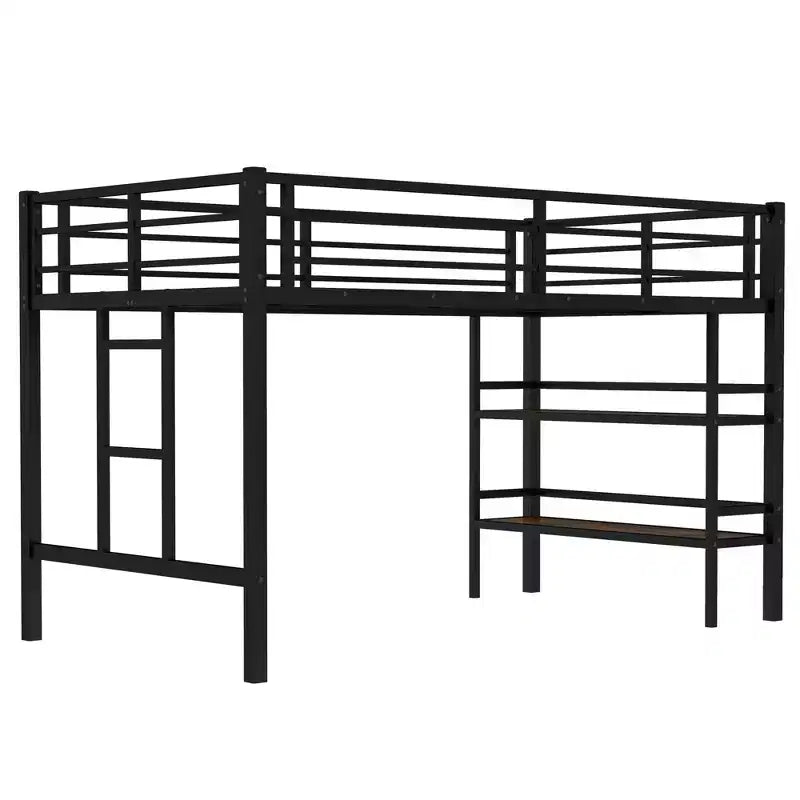 Twin Size Metal Loft Bed for Kids with Ladder and Guardrails, Black