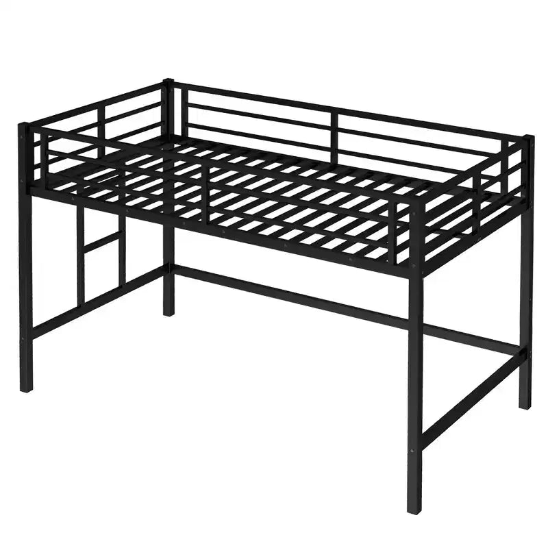 Twin Size Metal Loft Bed for Kids with Ladder and Guardrails, Black