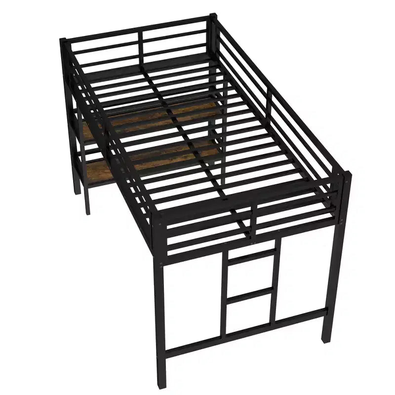 Twin Size Metal Loft Bed for Kids with Ladder and Guardrails, Black