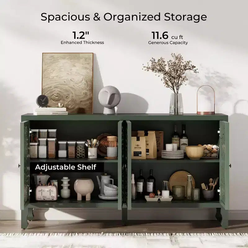 Buffet Cabinet with Storage, 4 Carved Doors and Adjustable Shelf, Wooden Sideboard Cabinet