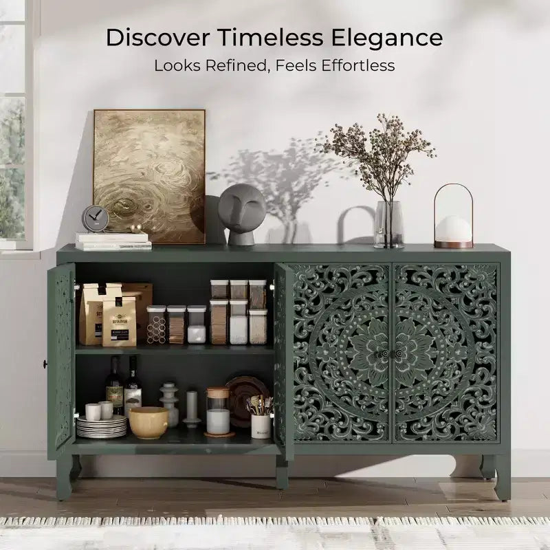 Buffet Cabinet with Storage, 4 Carved Doors and Adjustable Shelf, Wooden Sideboard Cabinet