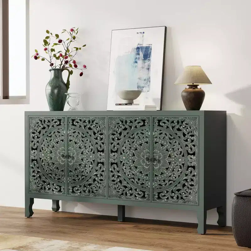 Buffet Cabinet with Storage, 4 Carved Doors and Adjustable Shelf, Wooden Sideboard Cabinet