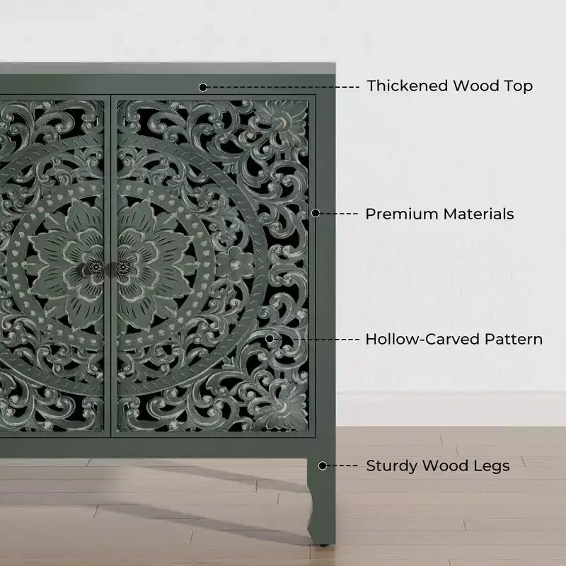 Buffet Cabinet with Storage, 4 Carved Doors and Adjustable Shelf, Wooden Sideboard Cabinet