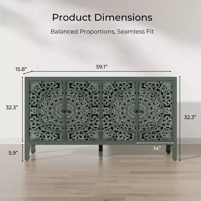 Buffet Cabinet with Storage, 4 Carved Doors and Adjustable Shelf, Wooden Sideboard Cabinet