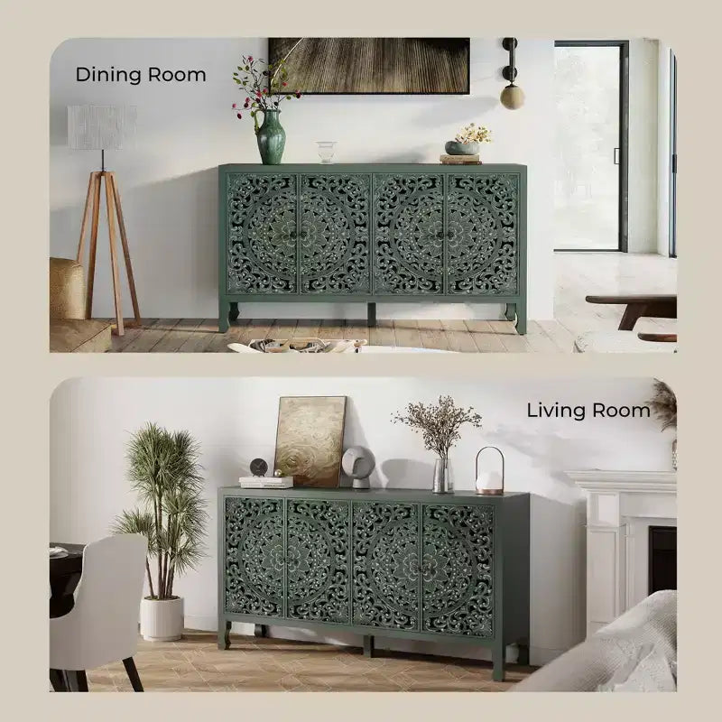 Buffet Cabinet with Storage, 4 Carved Doors and Adjustable Shelf, Wooden Sideboard Cabinet