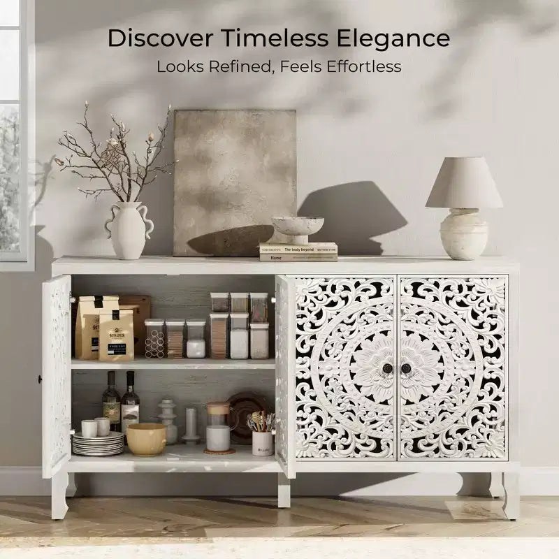 Buffet Cabinet with Storage, 4 Carved Doors and Adjustable Shelf, Wooden Sideboard Cabinet