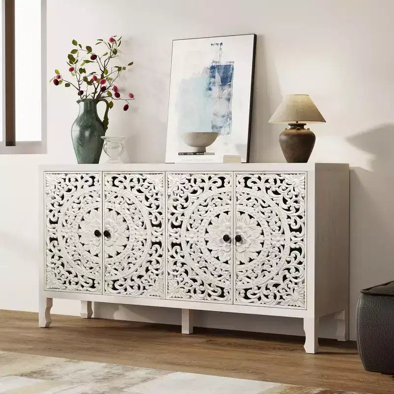 Buffet Cabinet with Storage, 4 Carved Doors and Adjustable Shelf, Wooden Sideboard Cabinet