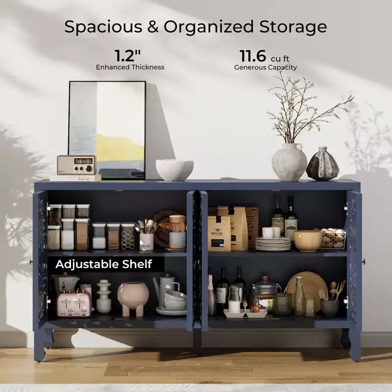 Buffet Cabinet with Storage, 4 Carved Doors and Adjustable Shelf, Wooden Sideboard Cabinet