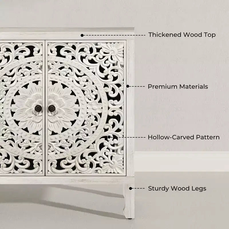 Buffet Cabinet with Storage, 4 Carved Doors and Adjustable Shelf, Wooden Sideboard Cabinet