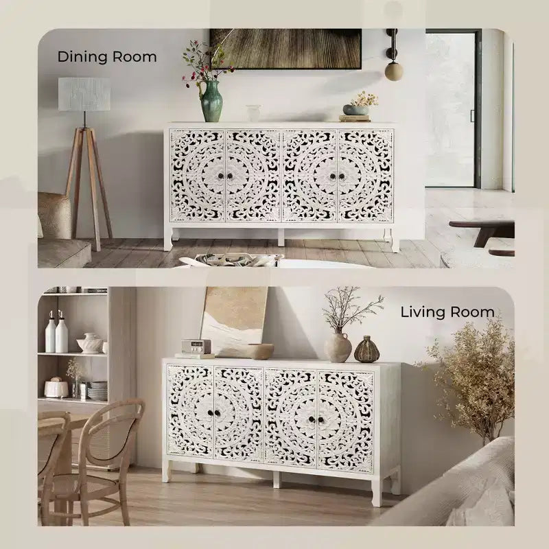 Buffet Cabinet with Storage, 4 Carved Doors and Adjustable Shelf, Wooden Sideboard Cabinet