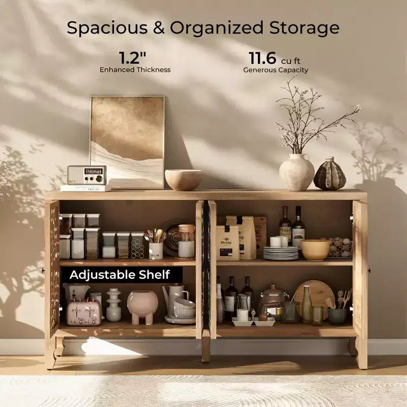 Buffet Cabinet with Storage, 4 Carved Doors and Adjustable Shelf, Wooden Sideboard Cabinet