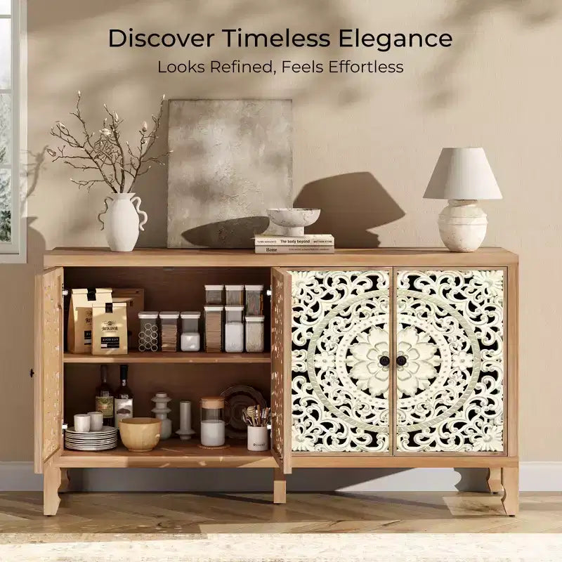 Buffet Cabinet with Storage, 4 Carved Doors and Adjustable Shelf, Wooden Sideboard Cabinet