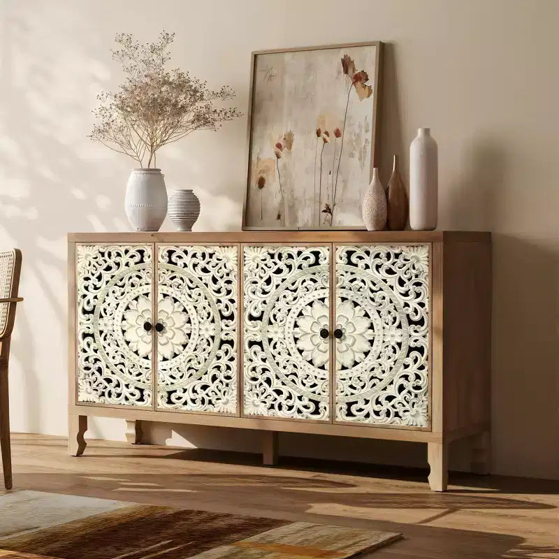 Buffet Cabinet with Storage, 4 Carved Doors and Adjustable Shelf, Wooden Sideboard Cabinet