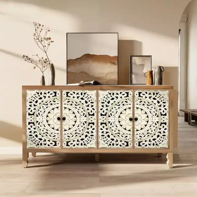 Buffet Cabinet with Storage, 4 Carved Doors and Adjustable Shelf, Wooden Sideboard Cabinet