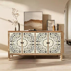 Buffet Cabinet with Storage, 4 Carved Doors and Adjustable Shelf, Wooden Sideboard Cabinet