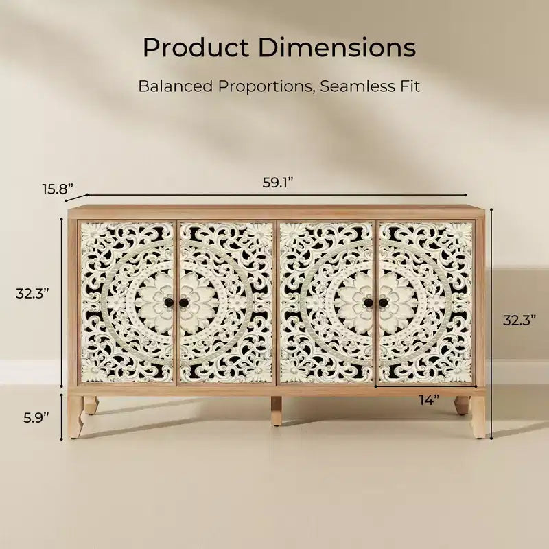 Buffet Cabinet with Storage, 4 Carved Doors and Adjustable Shelf, Wooden Sideboard Cabinet