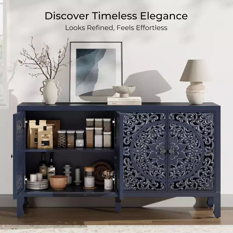 Buffet Cabinet with Storage, 4 Carved Doors and Adjustable Shelf, Wooden Sideboard Cabinet
