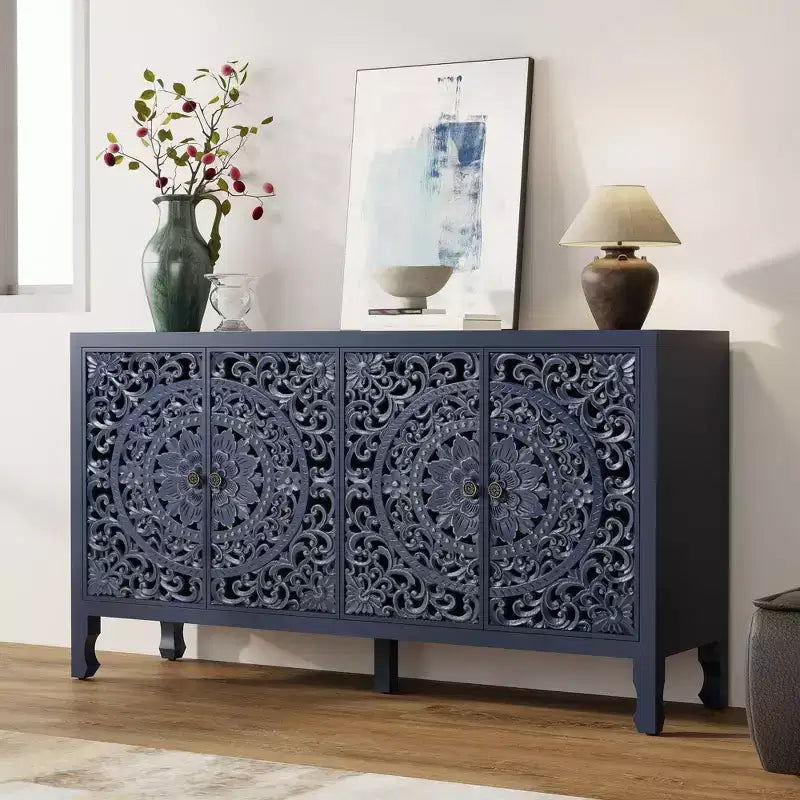 Buffet Cabinet with Storage, 4 Carved Doors and Adjustable Shelf, Wooden Sideboard Cabinet