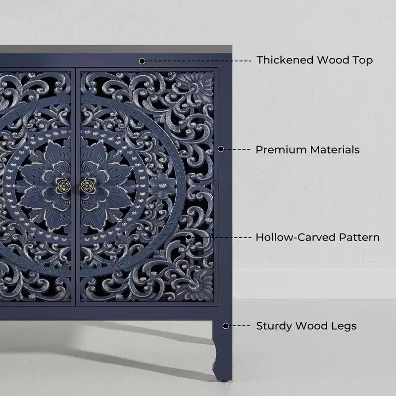 Buffet Cabinet with Storage, 4 Carved Doors and Adjustable Shelf, Wooden Sideboard Cabinet