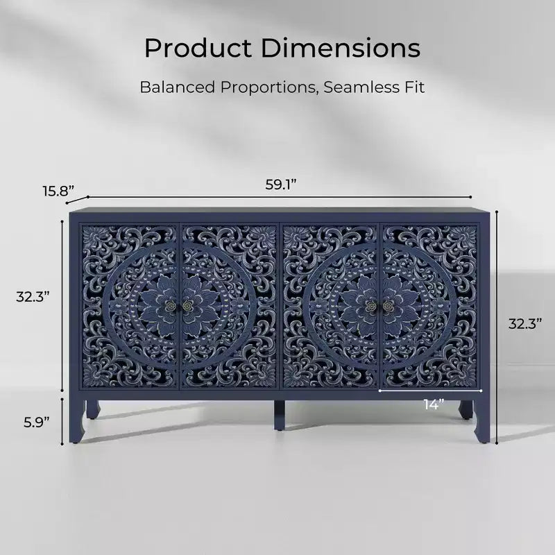 Buffet Cabinet with Storage, 4 Carved Doors and Adjustable Shelf, Wooden Sideboard Cabinet