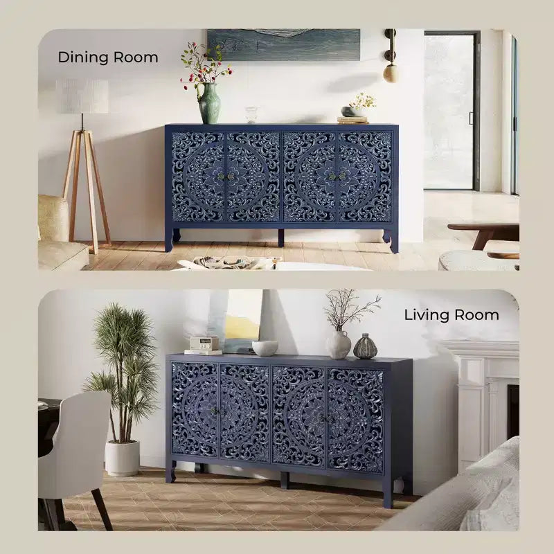 Buffet Cabinet with Storage, 4 Carved Doors and Adjustable Shelf, Wooden Sideboard Cabinet