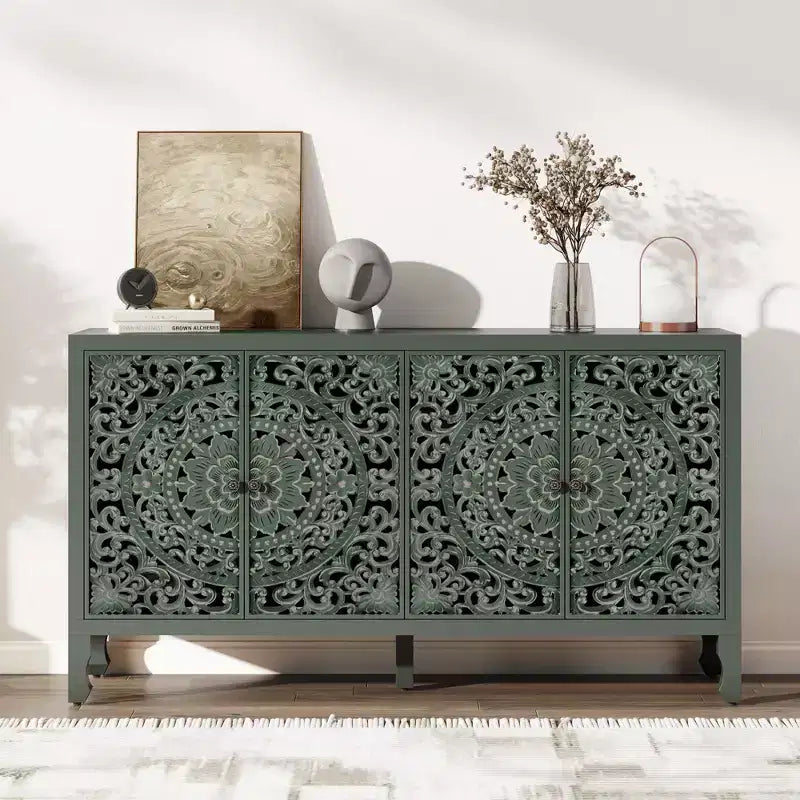 Buffet Cabinet with Storage, 4 Carved Doors and Adjustable Shelf, Wooden Sideboard Cabinet