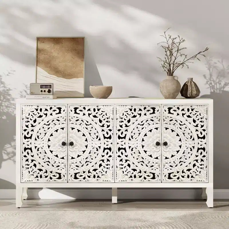 Buffet Cabinet with Storage, 4 Carved Doors and Adjustable Shelf, Wooden Sideboard Cabinet