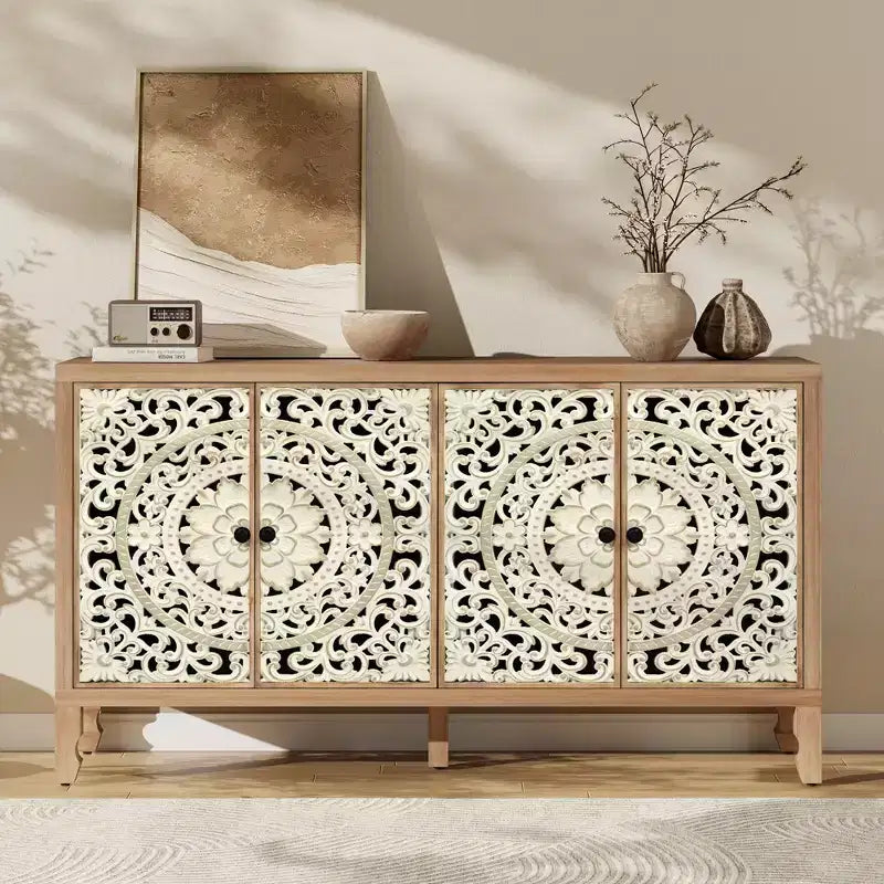 Buffet Cabinet with Storage, 4 Carved Doors and Adjustable Shelf, Wooden Sideboard Cabinet