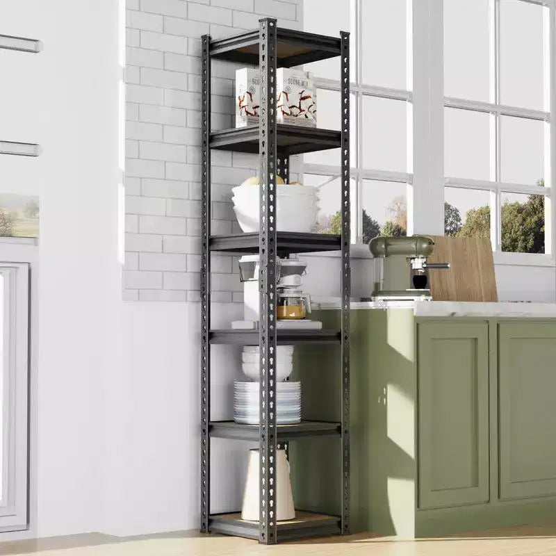 6-Tier Adjustable Steel Storage Shelf with Wood-Tone Shelves