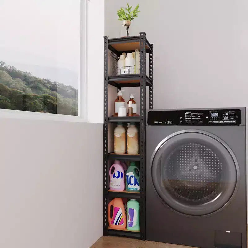 6-Tier Adjustable Steel Storage Shelf with Wood-Tone Shelves