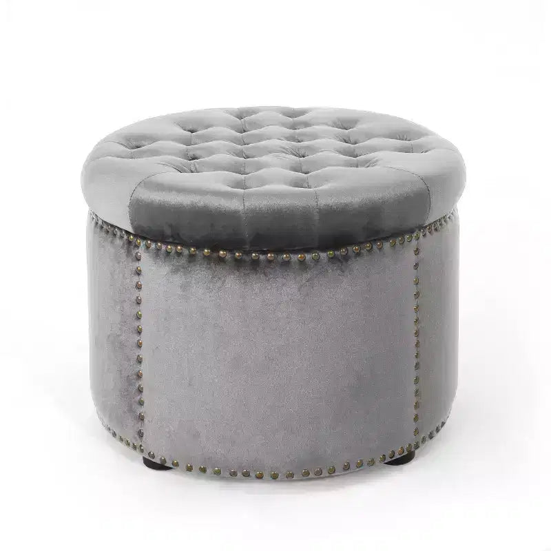 22" Round Velvet Ottoman Stool with Button Tufting and Nailhead Trim