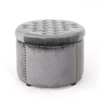 22" Round Velvet Ottoman Stool with Button Tufting and Nailhead Trim