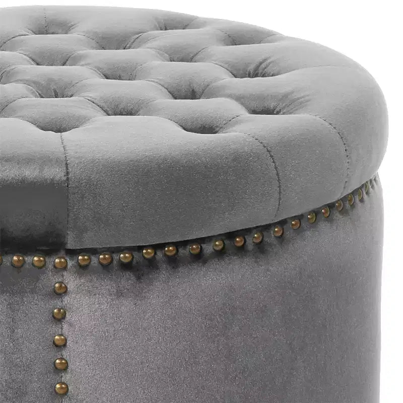22" Round Velvet Ottoman Stool with Button Tufting and Nailhead Trim