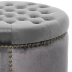 22" Round Velvet Ottoman Stool with Button Tufting and Nailhead Trim