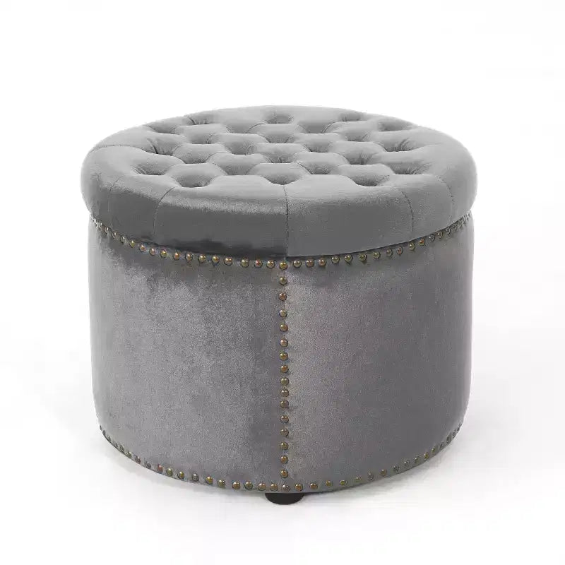22" Round Velvet Ottoman Stool with Button Tufting and Nailhead Trim