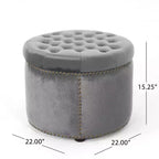 22" Round Velvet Ottoman Stool with Button Tufting and Nailhead Trim