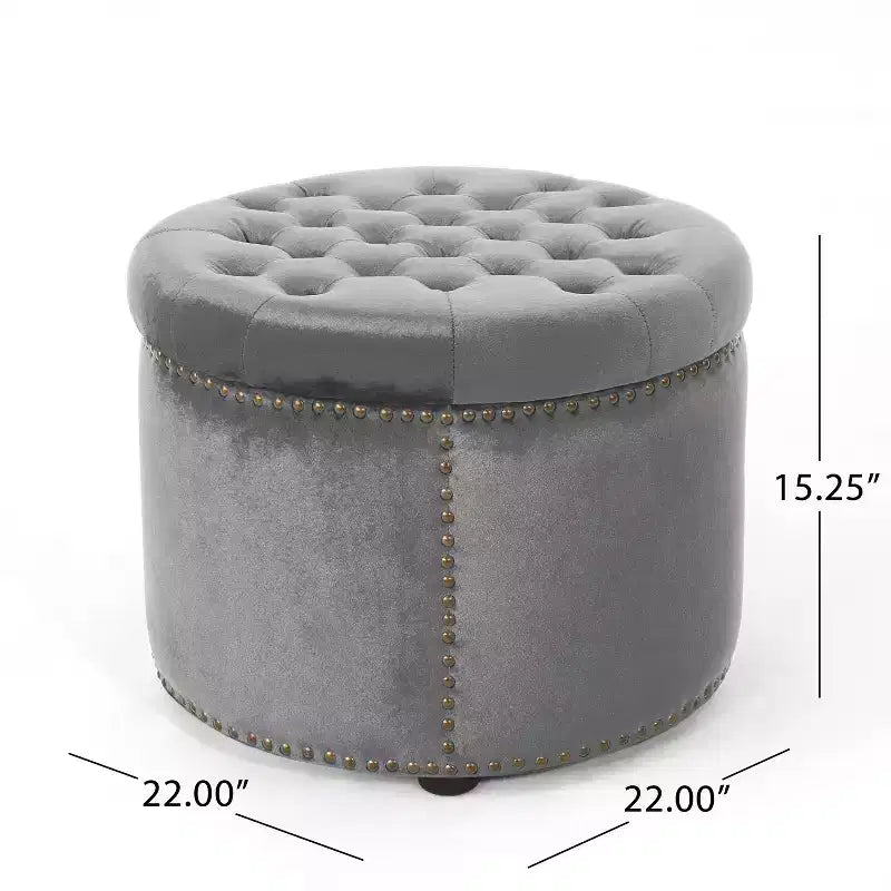 22" Round Velvet Ottoman Stool with Button Tufting and Nailhead Trim