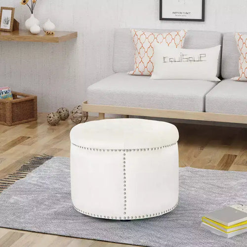 22" Round Velvet Ottoman Stool with Button Tufting and Nailhead Trim