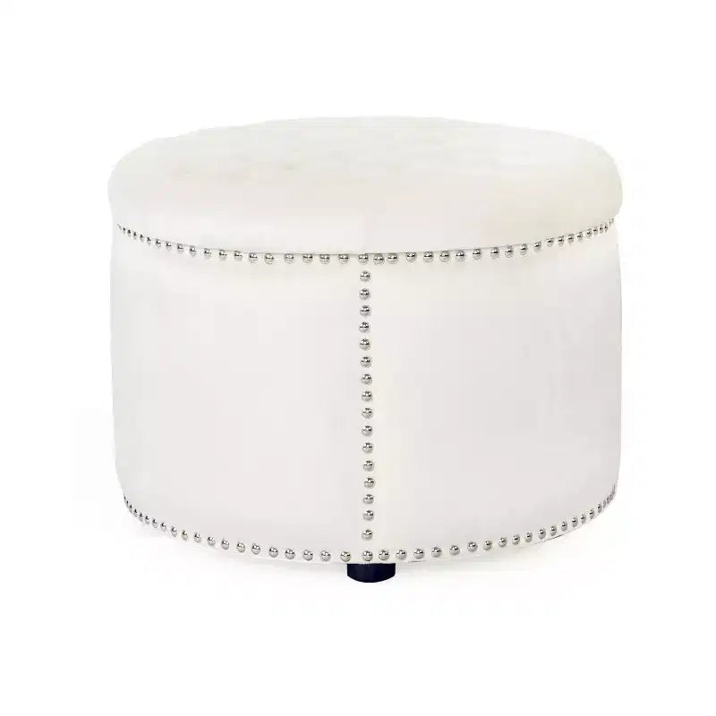 22" Round Velvet Ottoman Stool with Button Tufting and Nailhead Trim