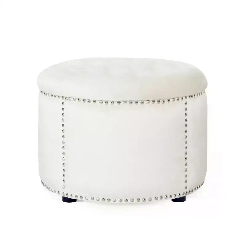22" Round Velvet Ottoman Stool with Button Tufting and Nailhead Trim
