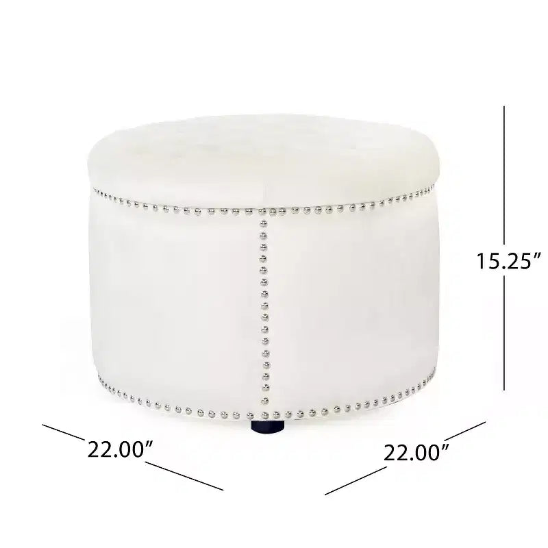 22" Round Velvet Ottoman Stool with Button Tufting and Nailhead Trim