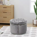 22" Round Velvet Ottoman Stool with Button Tufting and Nailhead Trim